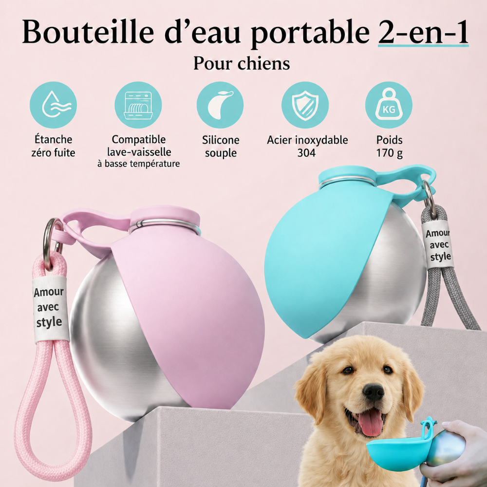 Gourde portable pour chien 285ml – Anti-fuite en Inox